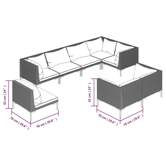 8 Piece Garden Lounge Set with Cushions Poly Rattan Dark dimensions illustration with measurements.