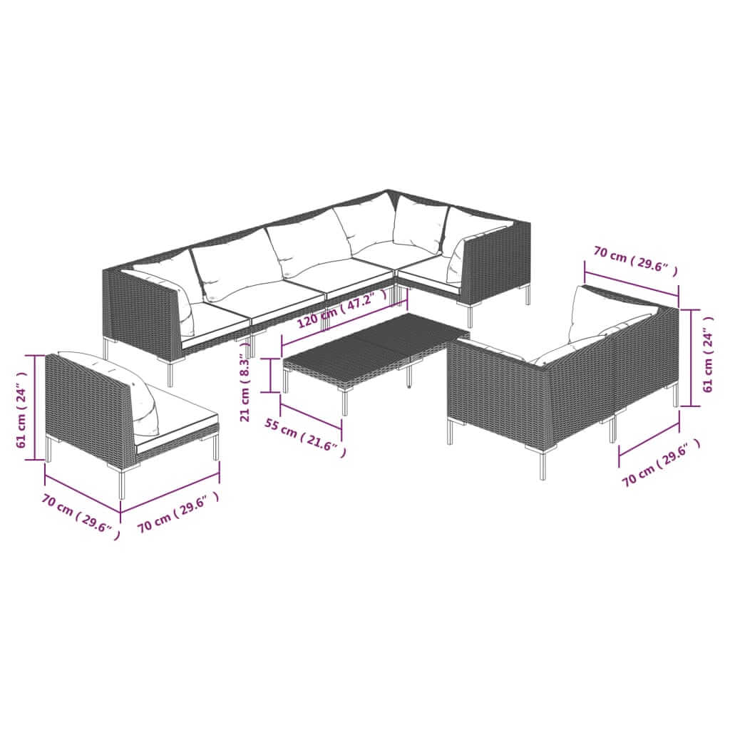 Dimensions of 9 Piece Garden Lounge Set with Cushions Poly Rattan Dark, showcasing seating and table measurements.