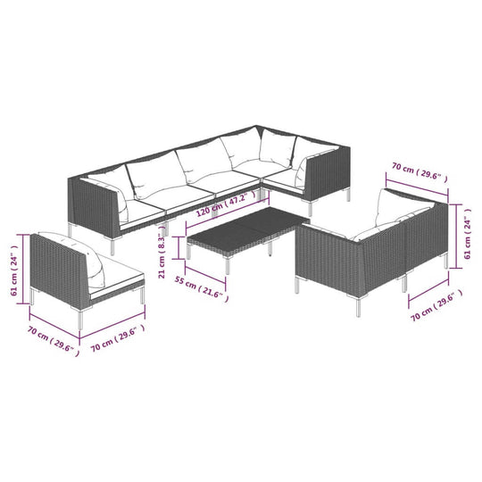 Dimensions of 9 Piece Garden Lounge Set with Cushions Poly Rattan Dark, showcasing seating and table measurements.