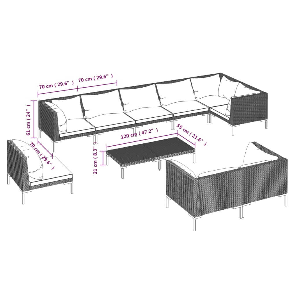 Dimensions of a 10 Piece garden lounge set with cushions, highlighting the sectional sofa and coffee table.