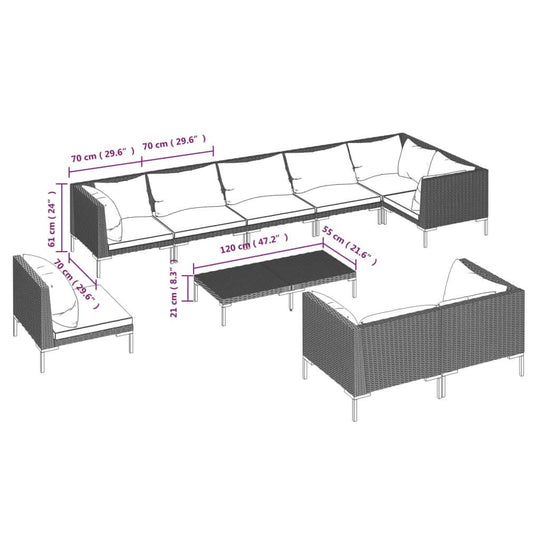 Dimensions of a 10 Piece garden lounge set with cushions, highlighting the sectional sofa and coffee table.
