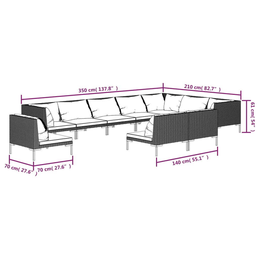 Dimensions of a 10 piece garden lounge set with cushions, featuring a stylish rattan design and comfy layout.