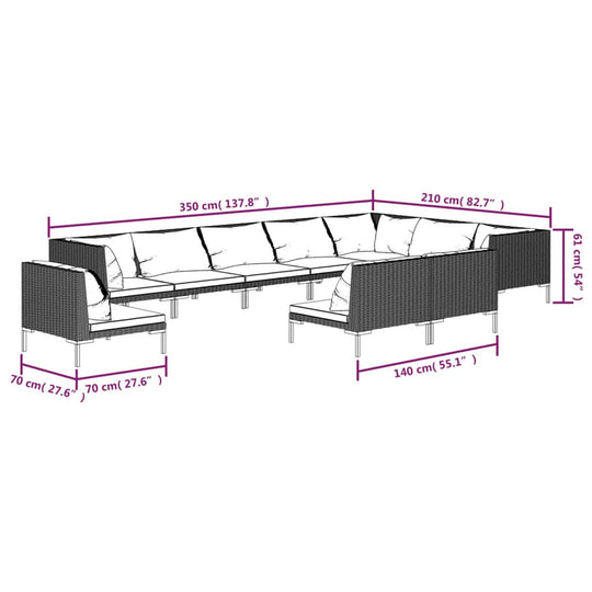 Dimensions of a 10 piece garden lounge set with cushions, featuring a stylish rattan design and comfy layout.