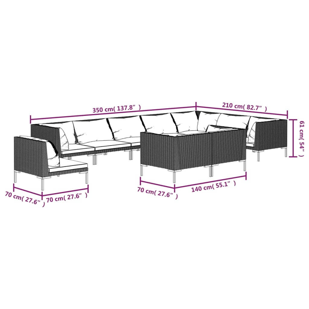 Dimensions of 10 Piece Garden Lounge Set with Cushions Poly Rattan Dark, showcasing sofa and seating layout.