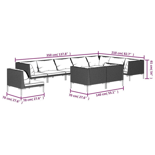 Dimensions of 10 Piece Garden Lounge Set with Cushions Poly Rattan Dark, showcasing sofa and seating layout.