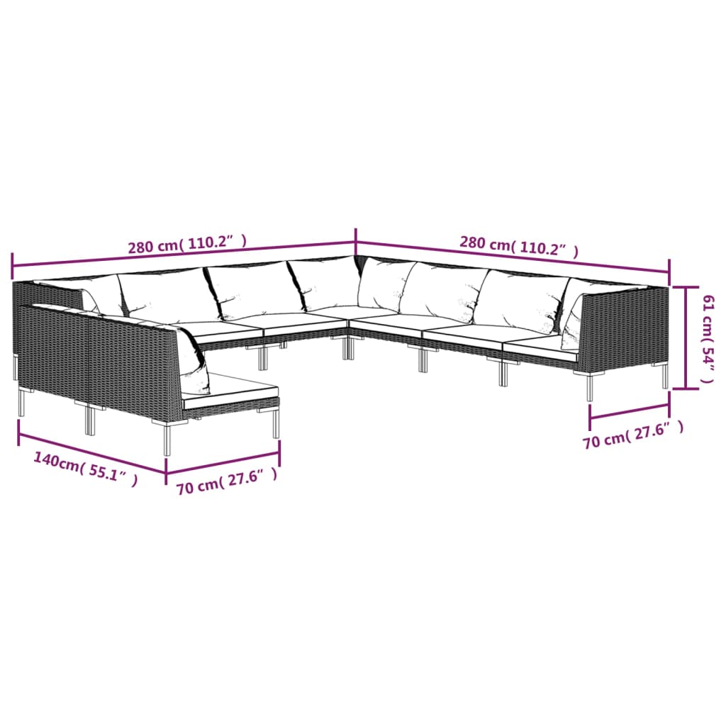 9 Piece Garden Lounge Set with Cushions Poly Rattan Dark dimensions diagram with measurements of the lounge set.