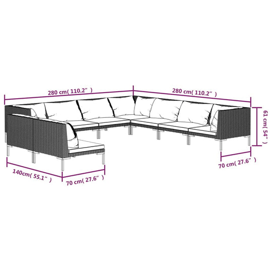 9 Piece Garden Lounge Set with Cushions Poly Rattan Dark dimensions diagram with measurements of the lounge set.