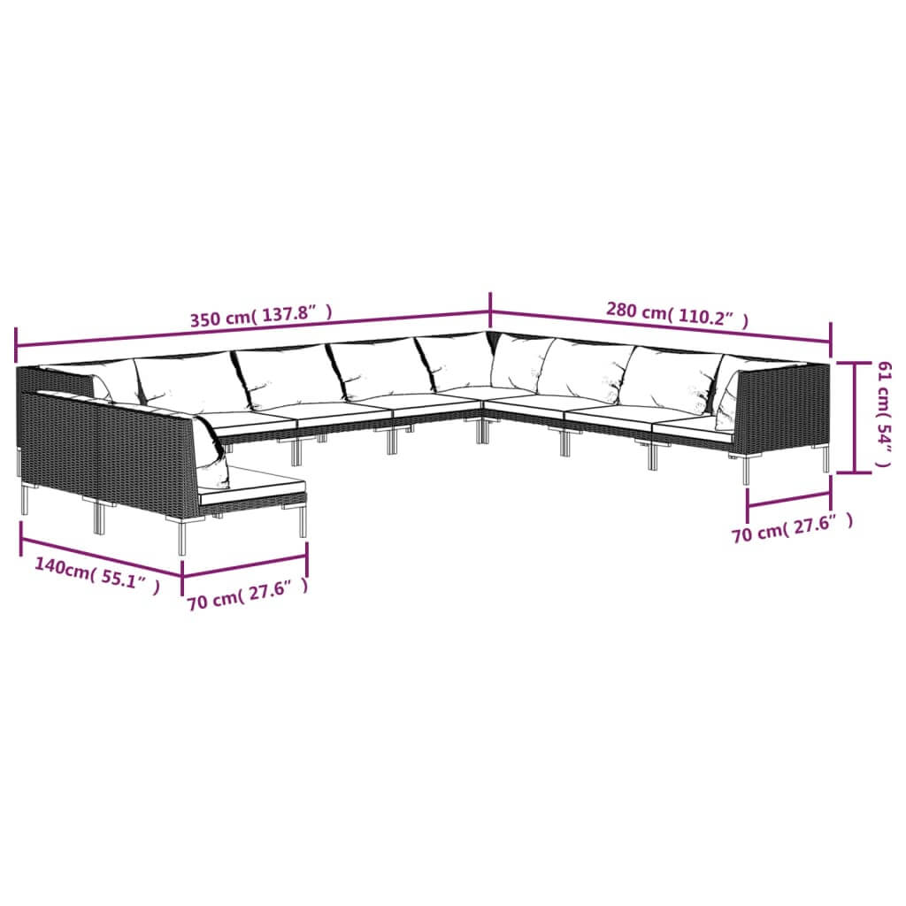 Dimensions of a 10 Piece Garden Lounge Set, displaying width, depth, and height measurements for outdoor sofa arrangement.