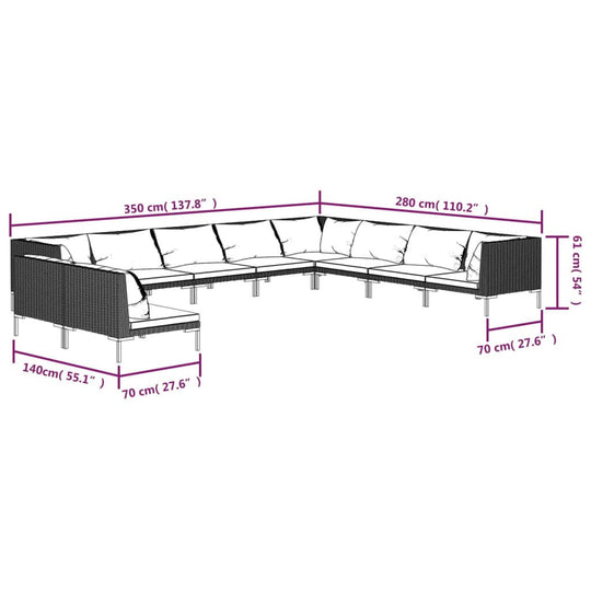 Dimensions of a 10 Piece Garden Lounge Set, displaying width, depth, and height measurements for outdoor sofa arrangement.