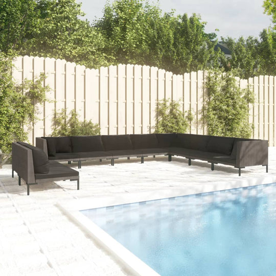 10-piece outdoor lounge set in a modern design, featuring dark cushions and a poolside setting.