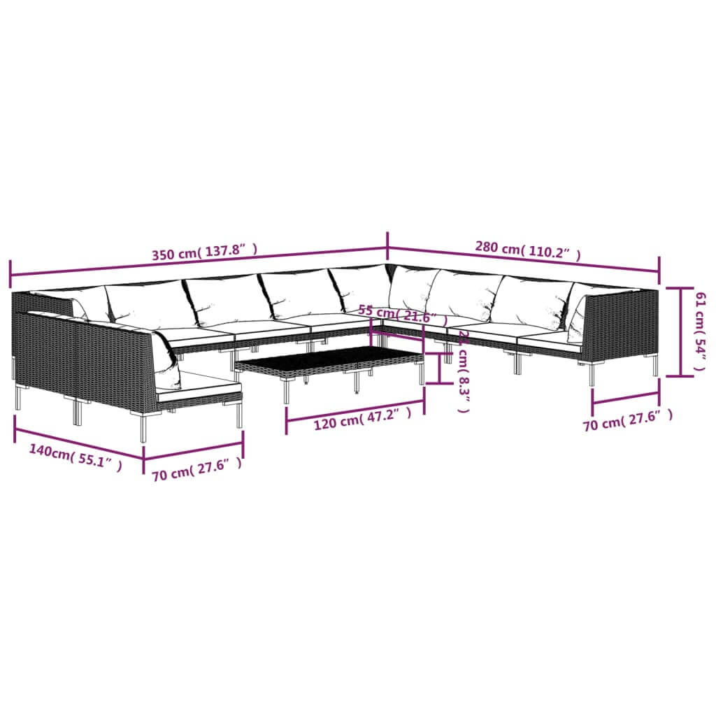 11 Piece Garden Lounge Set with Cushions Poly Rattan Dark dimensions illustration showing layout and sizes.
