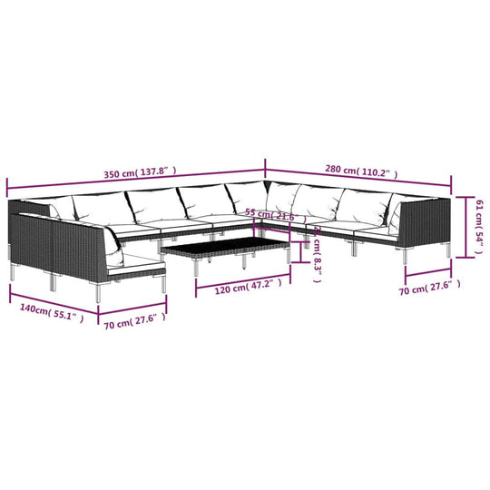 11 Piece Garden Lounge Set with Cushions Poly Rattan Dark dimensions illustration showing layout and sizes.