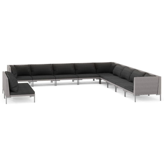 11 Piece Garden Lounge Set with Cushions Poly Rattan Dark, featuring a spacious sectional design with comfortable dark cushions.