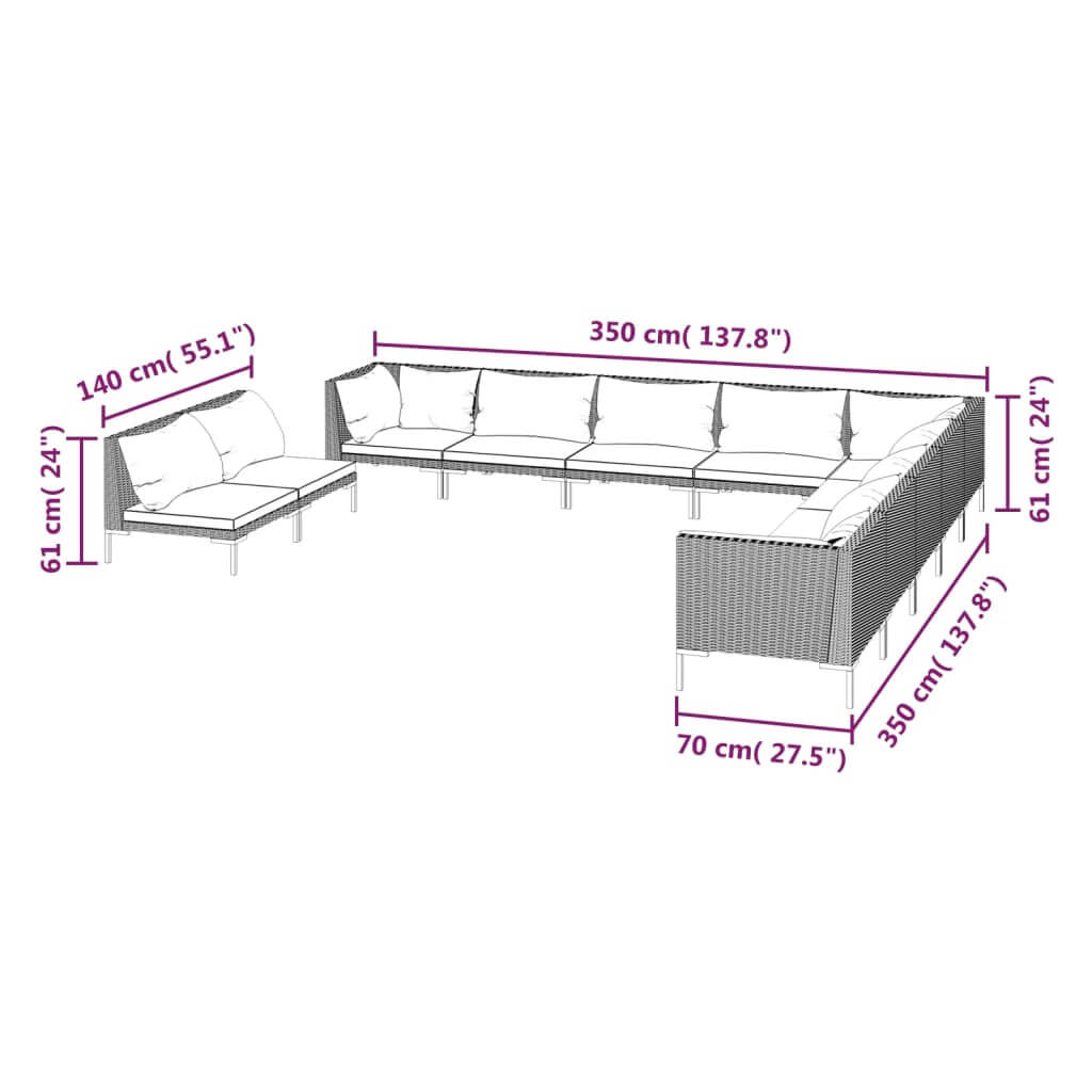 11 Piece Garden Lounge Set with Cushions Poly Rattan Dark dimensions illustration, showcasing seating layout and measurements.