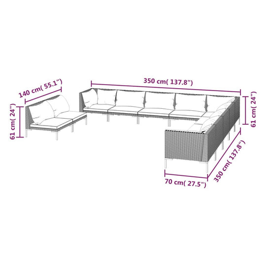 11 Piece Garden Lounge Set with Cushions Poly Rattan Dark dimensions illustration, showcasing seating layout and measurements.