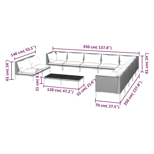 Dimensions of 12 Piece Garden Lounge Set with Cushions Poly Rattan Dark, including measurements for each section.