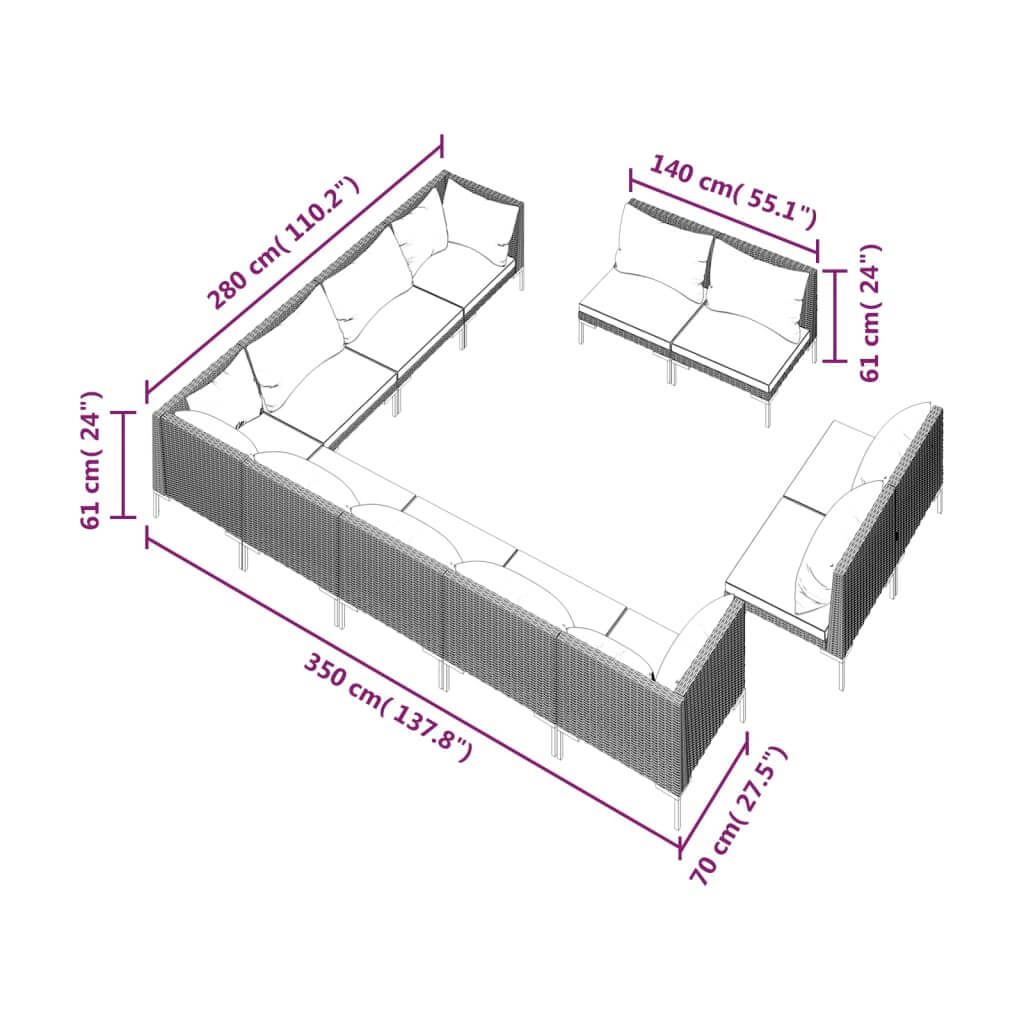 12 Piece Garden Lounge Set with Cushions Poly Rattan Dark dimensions and layout illustration.