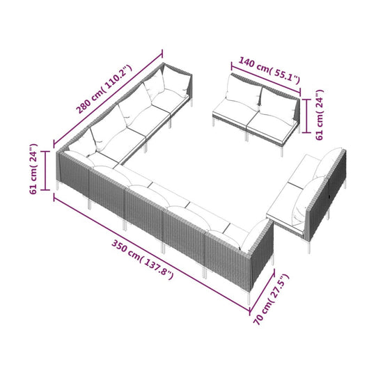 12 Piece Garden Lounge Set with Cushions Poly Rattan Dark dimensions and layout illustration.