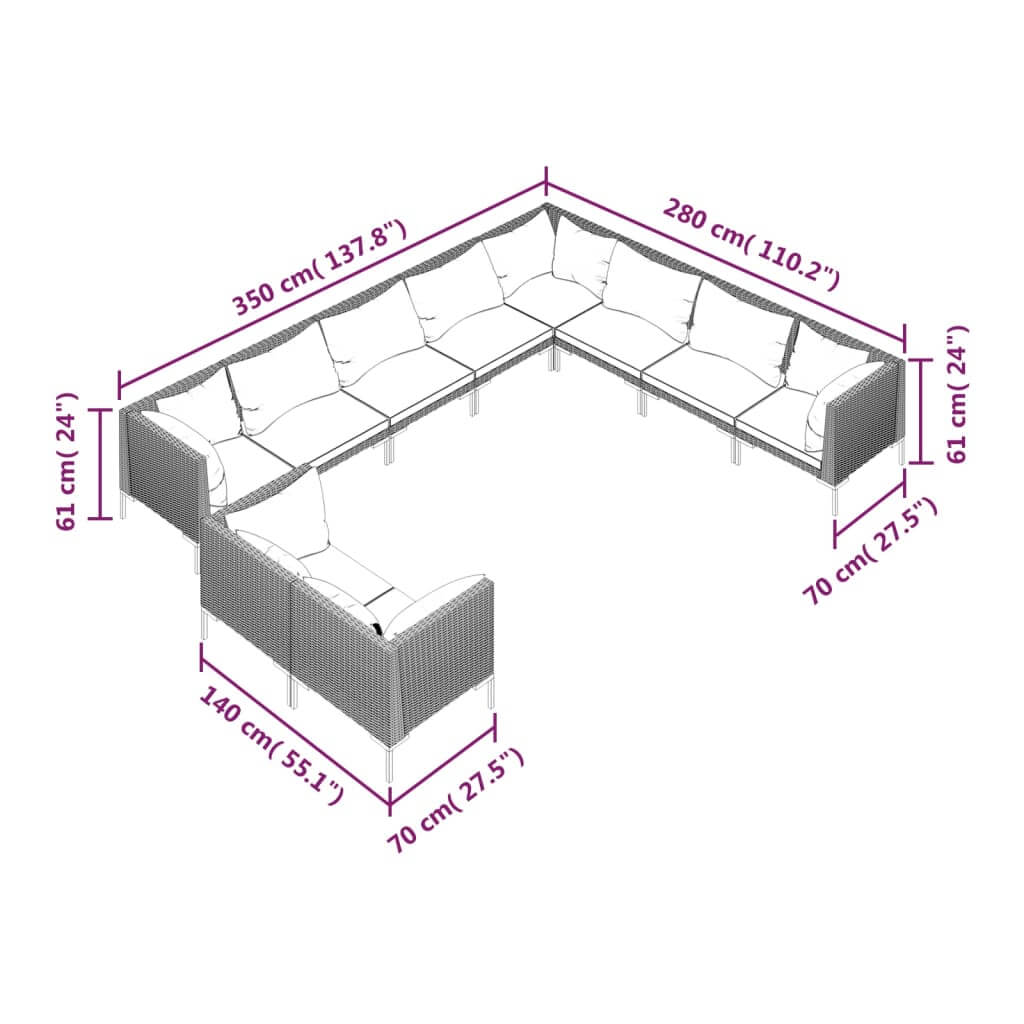 Dimensions of 10 Piece Garden Lounge Set with Cushions Poly Rattan Dark showcasing layout and measurements.