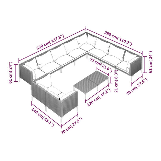 11 Piece Garden Lounge Set with Cushions Poly Rattan Dark dimensions and layout overview with measurements.