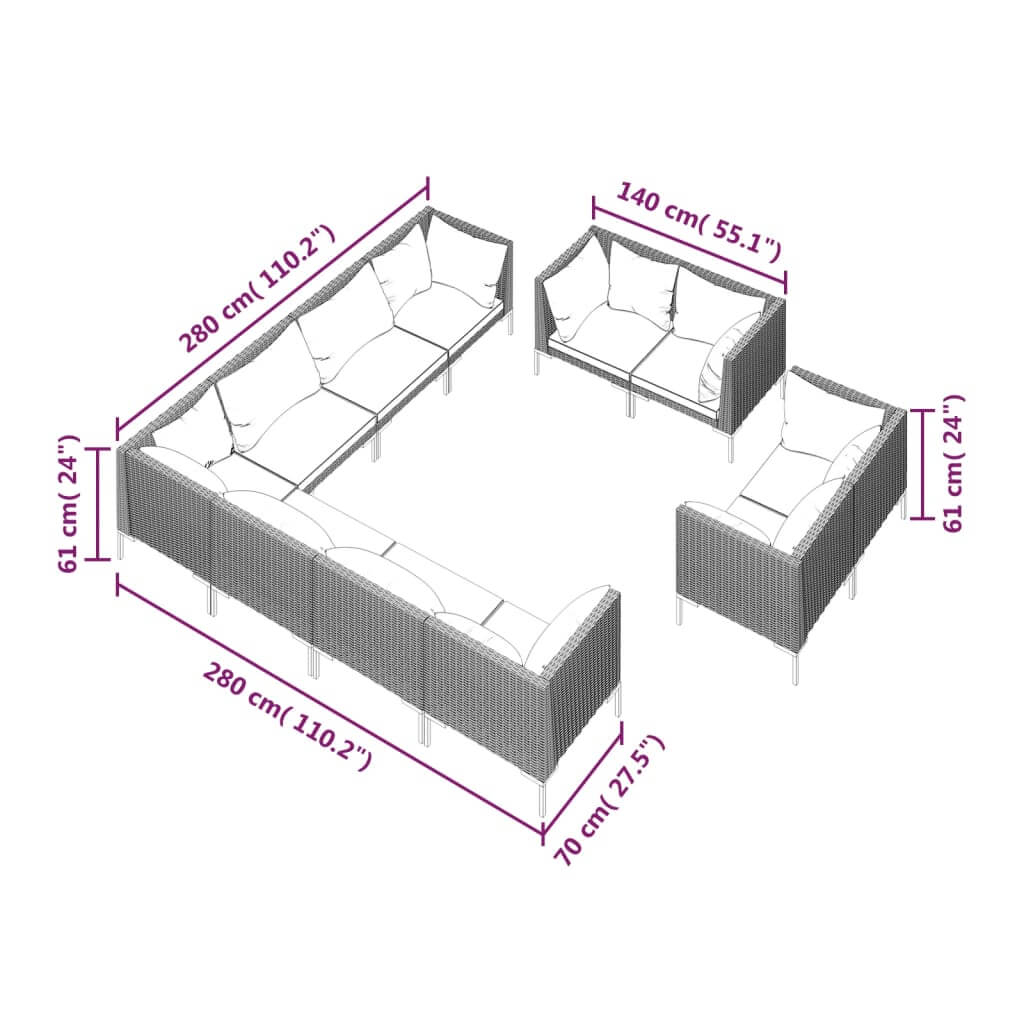 11 Piece Garden Lounge Set with Cushions Poly Rattan Dark dimensions diagram showing layout and measurements.