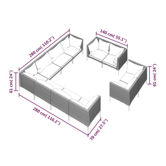 11 Piece Garden Lounge Set with Cushions Poly Rattan Dark dimensions diagram showing layout and measurements.