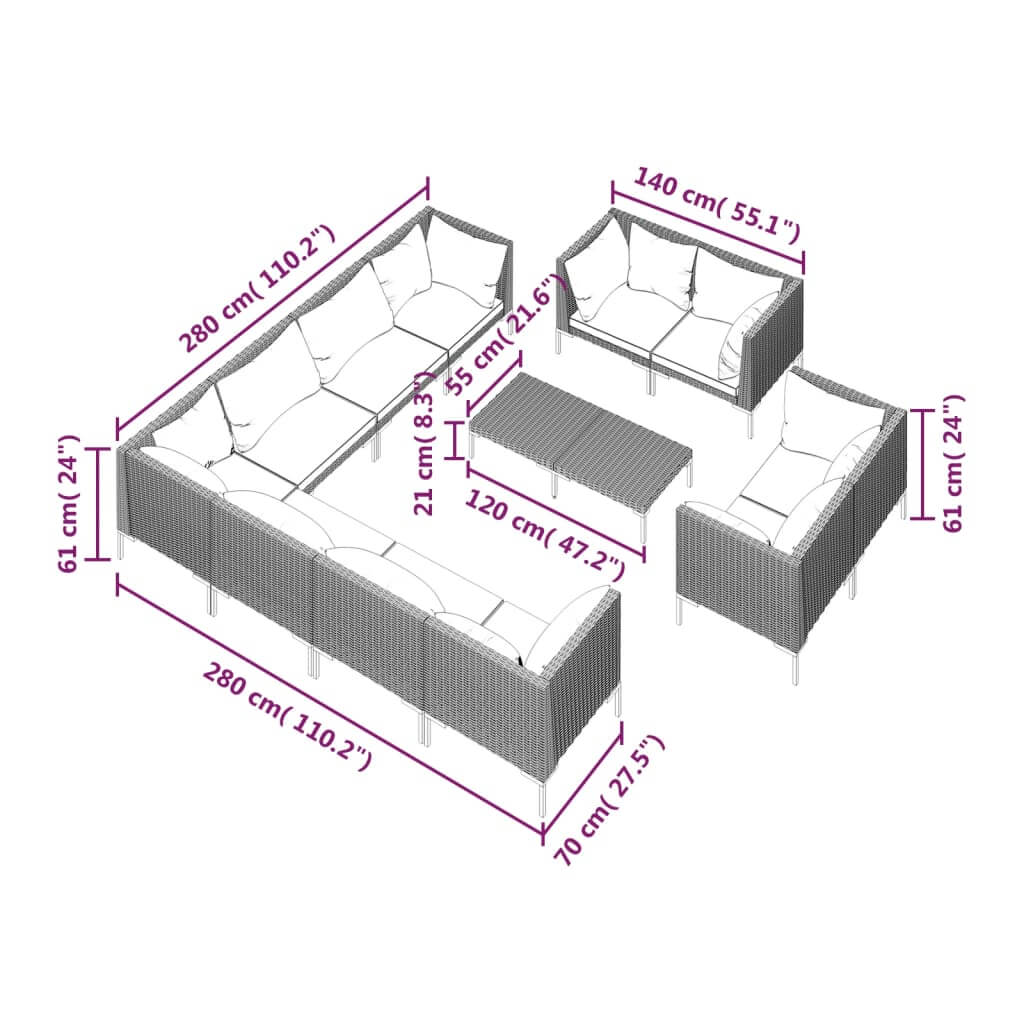 Dimensions of the 12 Piece Garden Lounge Set with Cushions Poly Rattan Dark, showcasing its layout and sizes.