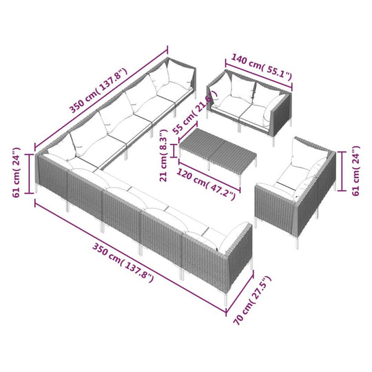 14 Piece Garden Lounge Set with Cushions Poly Rattan Dark dimensions with measurement labels.