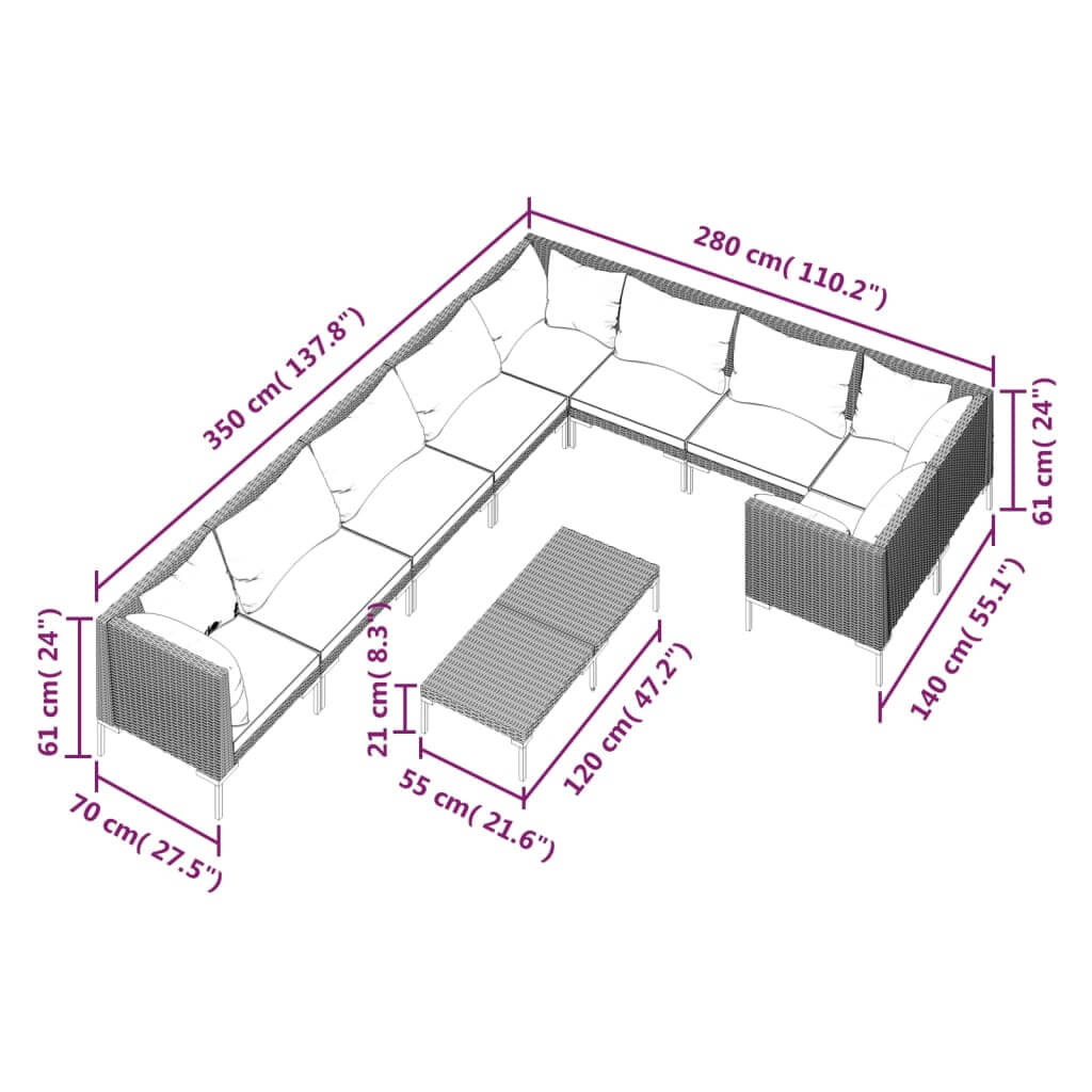 10 Piece Garden Lounge Set with Cushions Poly Rattan Dark dimensions diagram, showing layout and measurements.