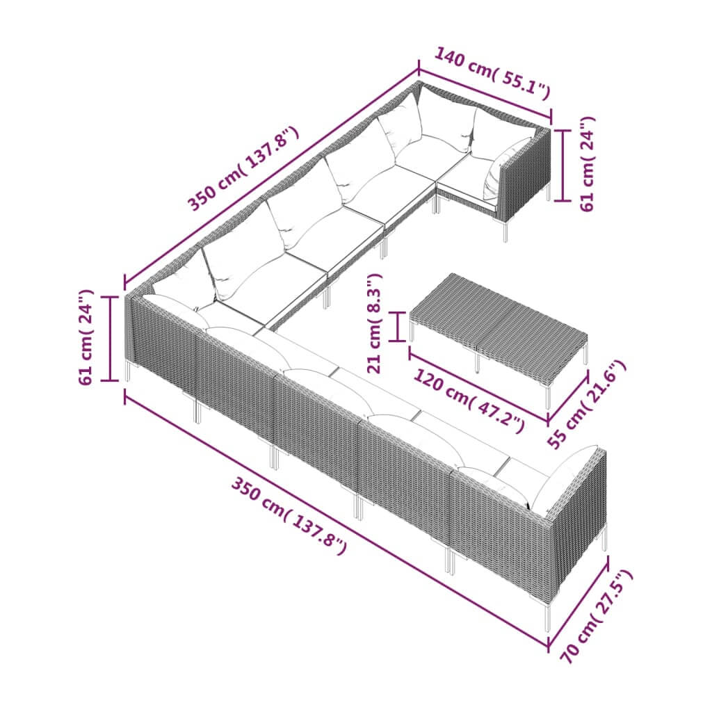 11 Piece Garden Lounge Set with Cushions Poly Rattan Dark dimensions diagram with measurements shown.