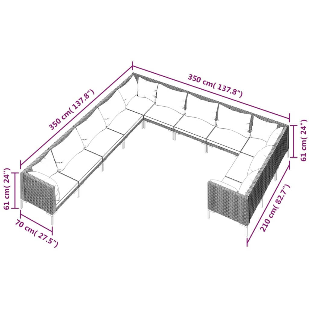 11 Piece Garden Lounge Set with Cushions Poly Rattan Dark dimensions diagram with measurements labeled