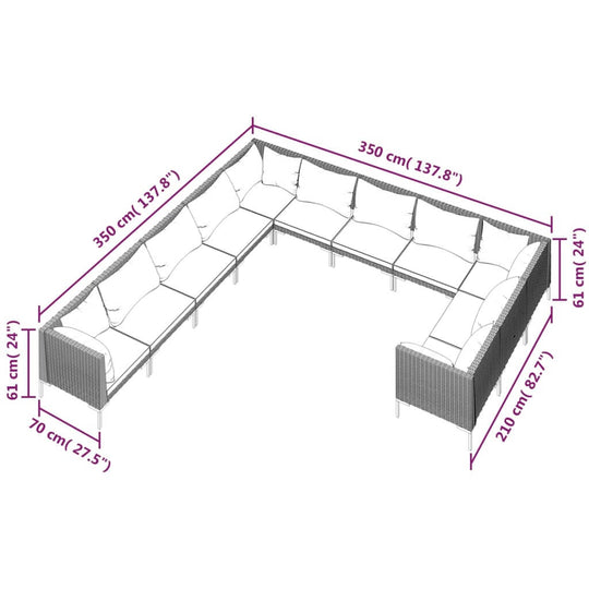 11 Piece Garden Lounge Set with Cushions Poly Rattan Dark dimensions diagram with measurements labeled