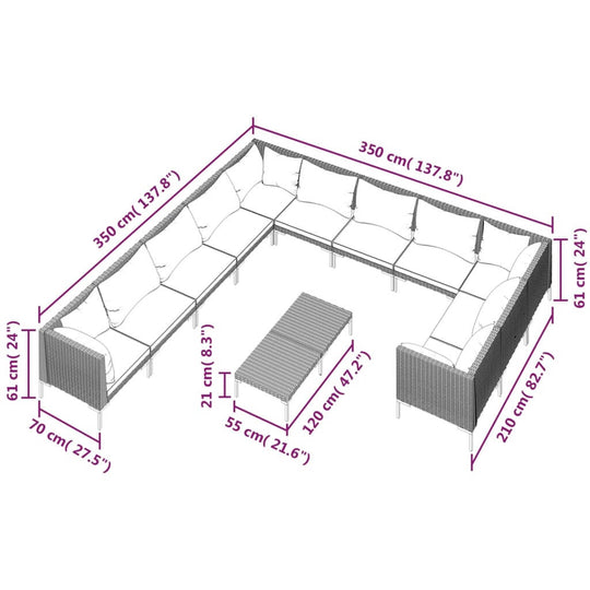 12 Piece Garden Lounge Set with Cushions Poly Rattan Dark dimensions and layout illustration.