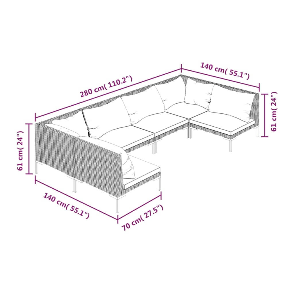 Dimensions of 6 Piece Garden Lounge Set with Cushions Poly Rattan Dark, showcasing layout and size specifications.