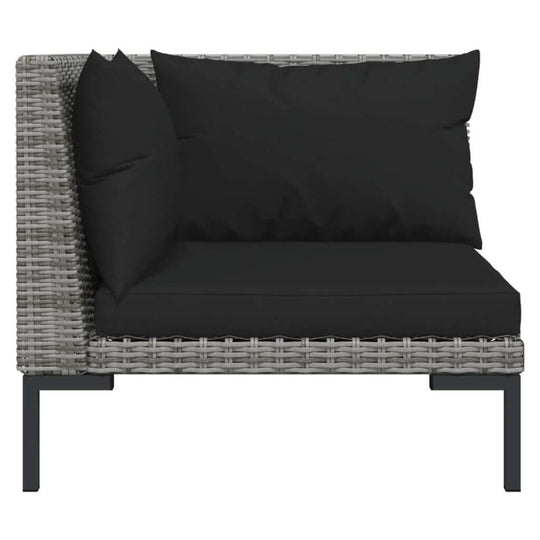 7 Piece Garden Lounge Set with Cushions Poly Rattan Dark - Side view of sofa with black cushions and grey rattan.