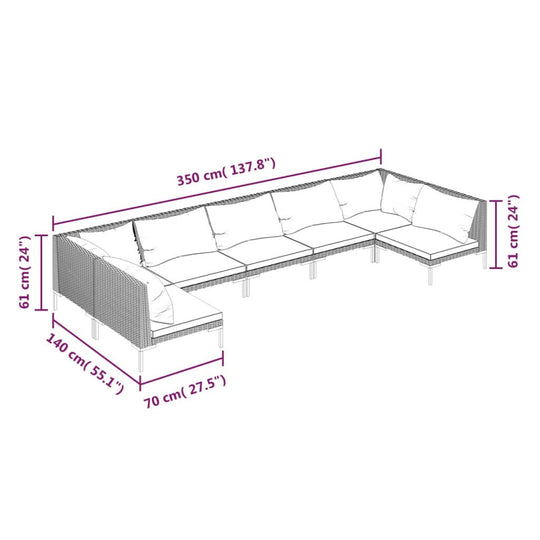 Dimensions of 7 Piece Garden Lounge Set with Cushions Poly Rattan Dark, featuring a spacious and stylish design.