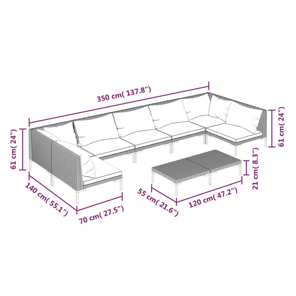 Dimensions of 8 Piece Garden Lounge Set with Cushions Poly Rattan Dark, including measurements for sofa and coffee table.