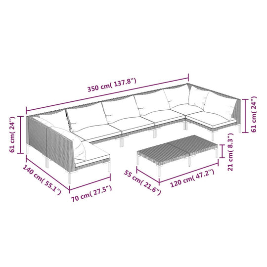 Dimensions of 8 Piece Garden Lounge Set with Cushions Poly Rattan Dark, including measurements for sofa and coffee table.