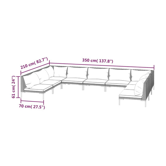 Dimensions of the 9 Piece Garden Lounge Set with Cushions Poly Rattan Dark, showing 350 cm by 210 cm layout.