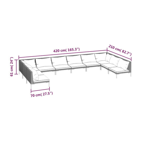 Dimensions of a 10 piece garden lounge set with cushions, showing seating arrangement in cm and inches.