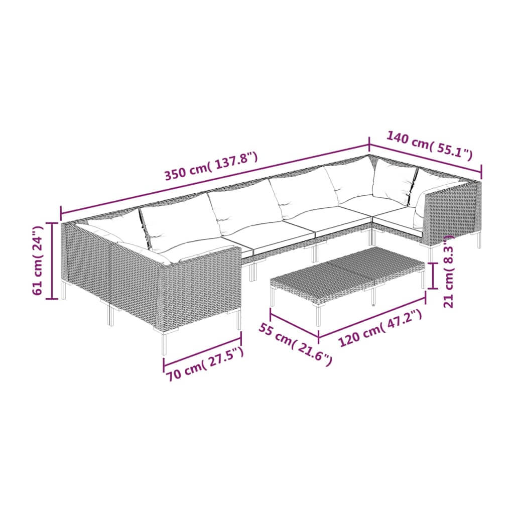 Dimensions of 8 Piece Garden Lounge Set with Cushions Poly Rattan Dark, showing sectional layout and coffee table measurements.