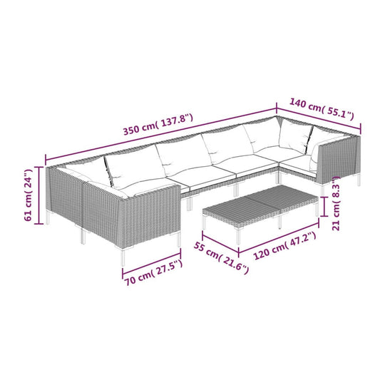 Dimensions of 8 Piece Garden Lounge Set with Cushions Poly Rattan Dark, showing sectional layout and coffee table measurements.