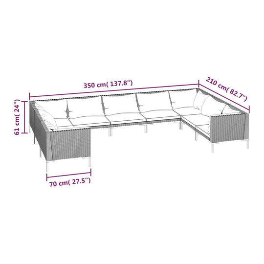 9 Piece Garden Lounge Set with Cushions Poly Rattan Dark dimensions illustration with measurements.
