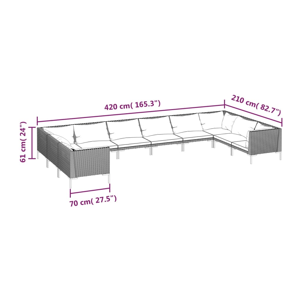 10 Piece Garden Lounge Set with Cushions Poly Rattan Dark dimensions diagram with measurements marked.