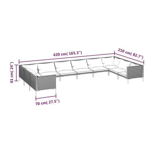 10 Piece Garden Lounge Set with Cushions Poly Rattan Dark dimensions diagram with measurements marked.