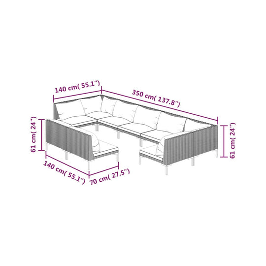 9 Piece Garden Lounge Set with Cushions Poly Rattan Dark dimensions diagram showing measurements for outdoor sofa