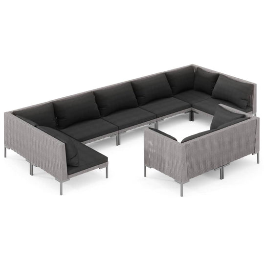 9 Piece Garden Lounge Set with Cushions Poly Rattan Dark in contemporary design with plush black cushions.