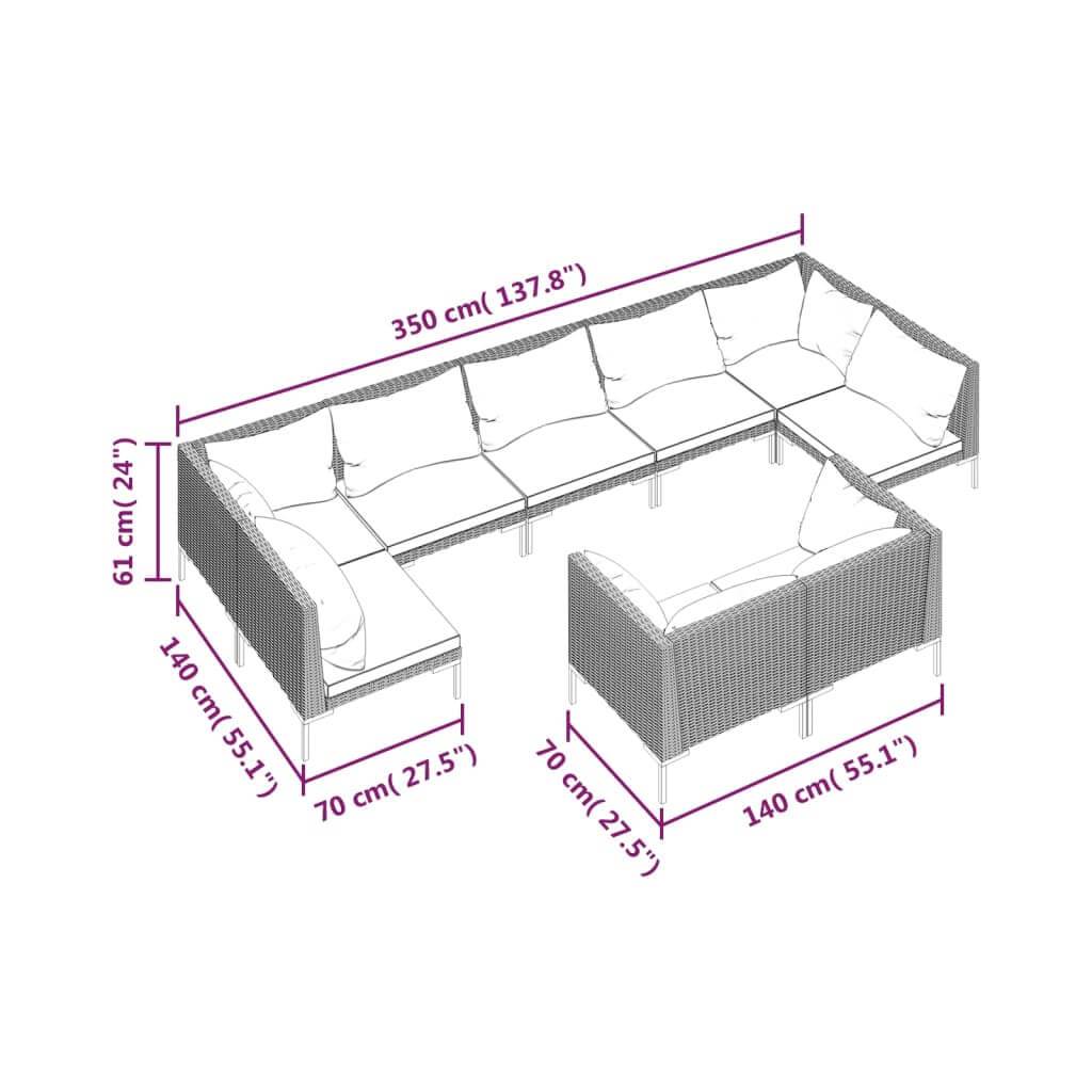 9 Piece Garden Lounge Set with Cushions Poly Rattan Dark dimensions and layout diagram.