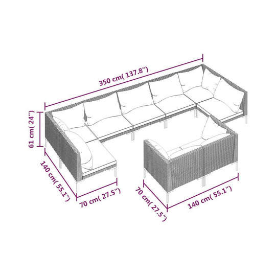 9 Piece Garden Lounge Set with Cushions Poly Rattan Dark dimensions and layout diagram.
