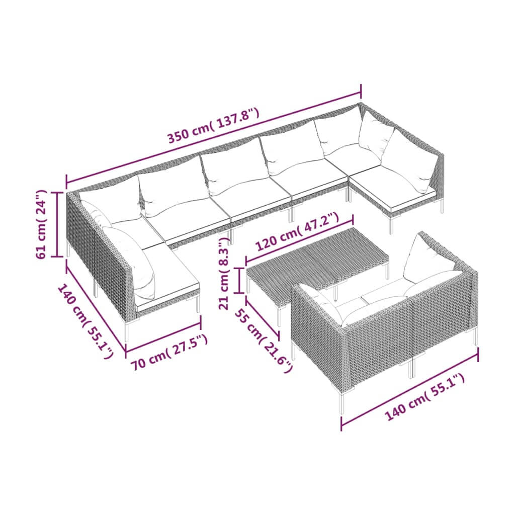 Dimensions of the 10 Piece Garden Lounge Set with Cushions Poly Rattan Dark showing layout and measurements.